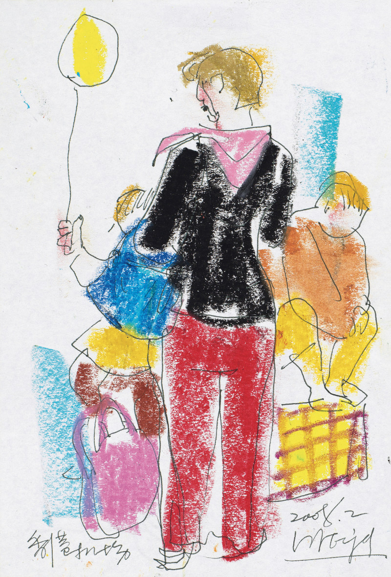 陈钧德，《机场随笔》，纸本油画棒，15 × 10cm，2008