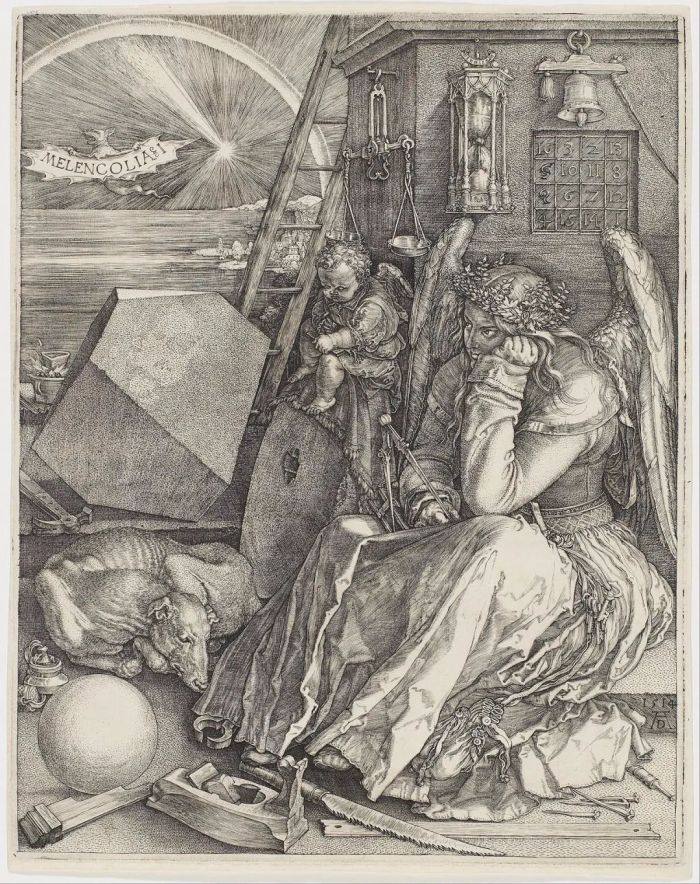 44▲丢勒《忧郁I》，1514，版画